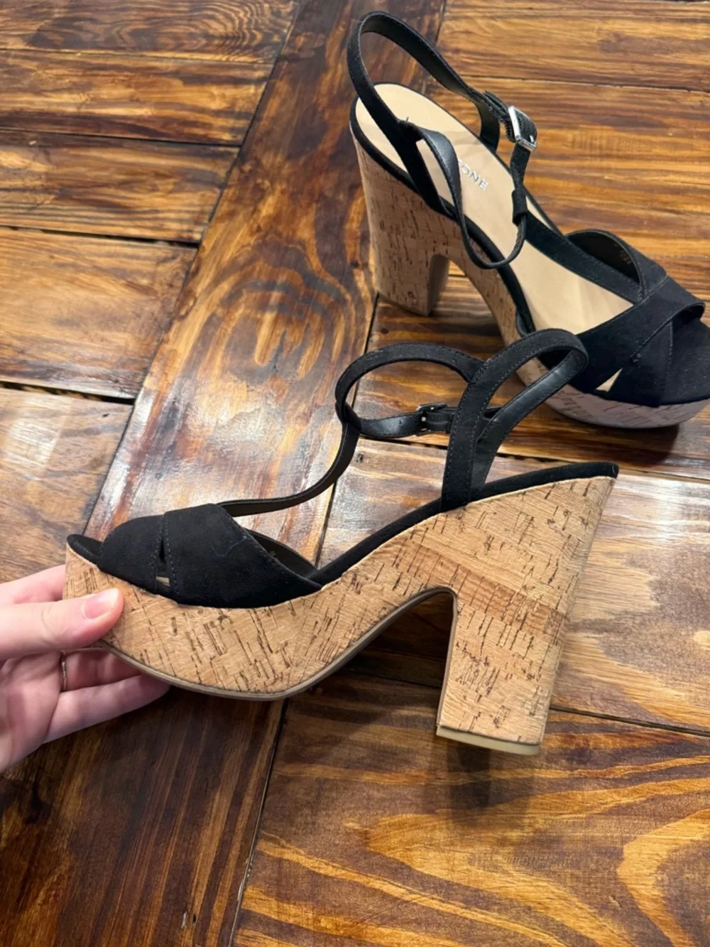 Sun + Stone Black Cork Platform Heeled Sandals 10